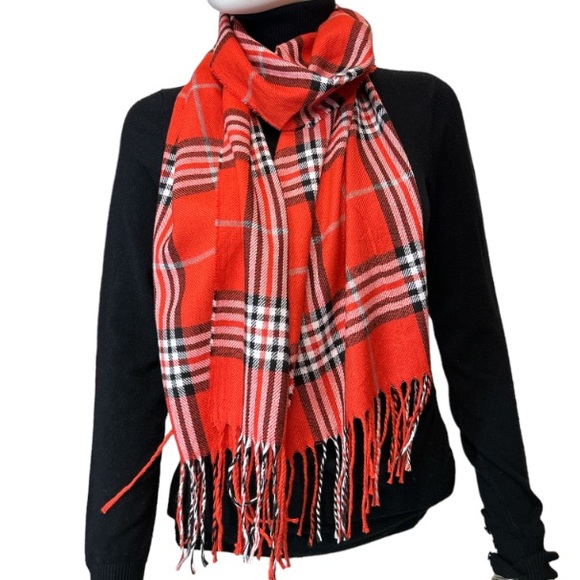 Tartan Plaid Scarf with fringe oblong 100% acrylic.Red white black 70 X 13 new - Picture 11 of 14
